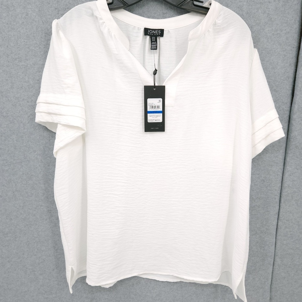 Jones New York Mandarin Raglan Popover White V Neck Blouse Women Size XL NWT